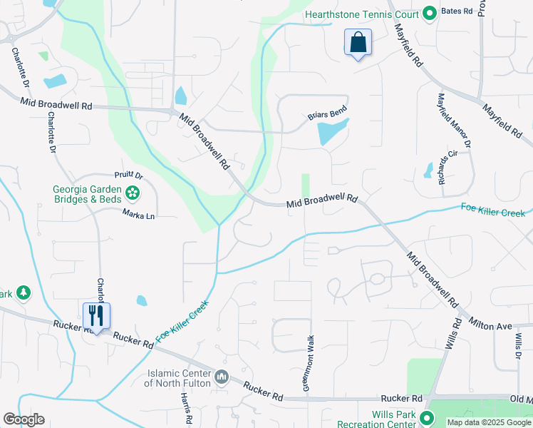 map of restaurants, bars, coffee shops, grocery stores, and more near 1395 Mid Broadwell Road in Alpharetta