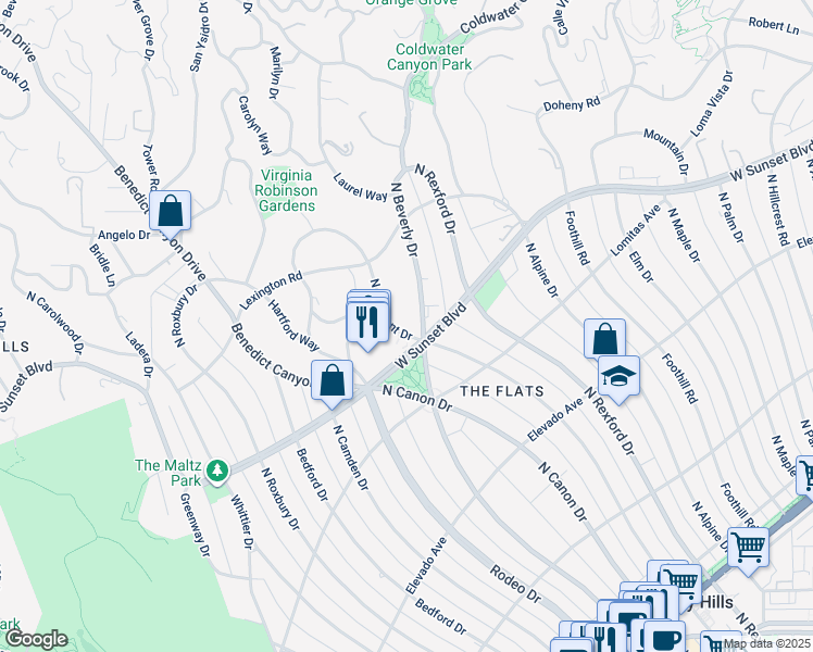 map of restaurants, bars, coffee shops, grocery stores, and more near 904 North Crescent Drive in Beverly Hills