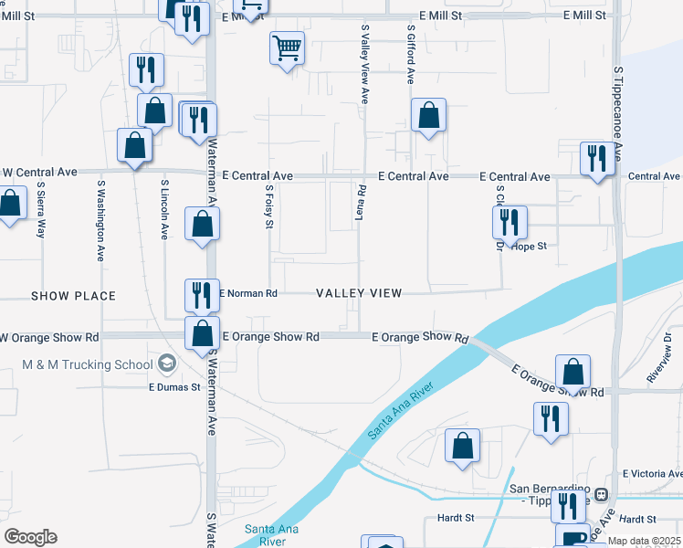 map of restaurants, bars, coffee shops, grocery stores, and more near 584 East Norman Road in San Bernardino