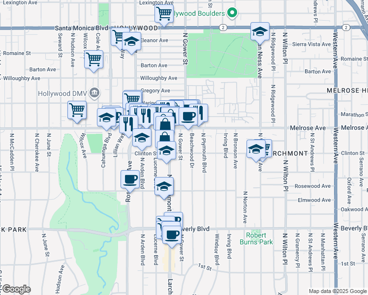 map of restaurants, bars, coffee shops, grocery stores, and more near 589 North Gower Street in Los Angeles