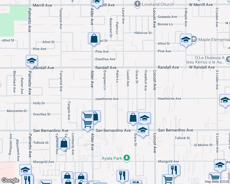 map of restaurants, bars, coffee shops, grocery stores, and more near 9454 Palm Lane in Fontana