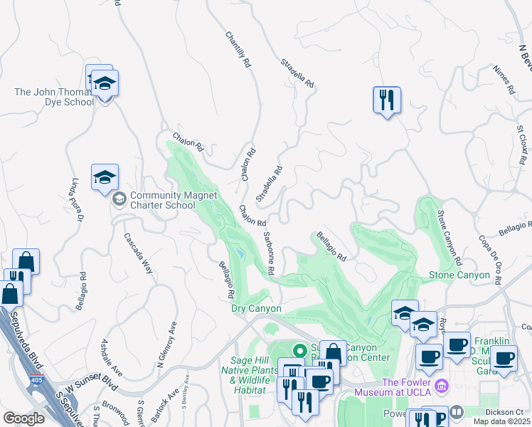 map of restaurants, bars, coffee shops, grocery stores, and more near 10801 Chalon Road in Los Angeles
