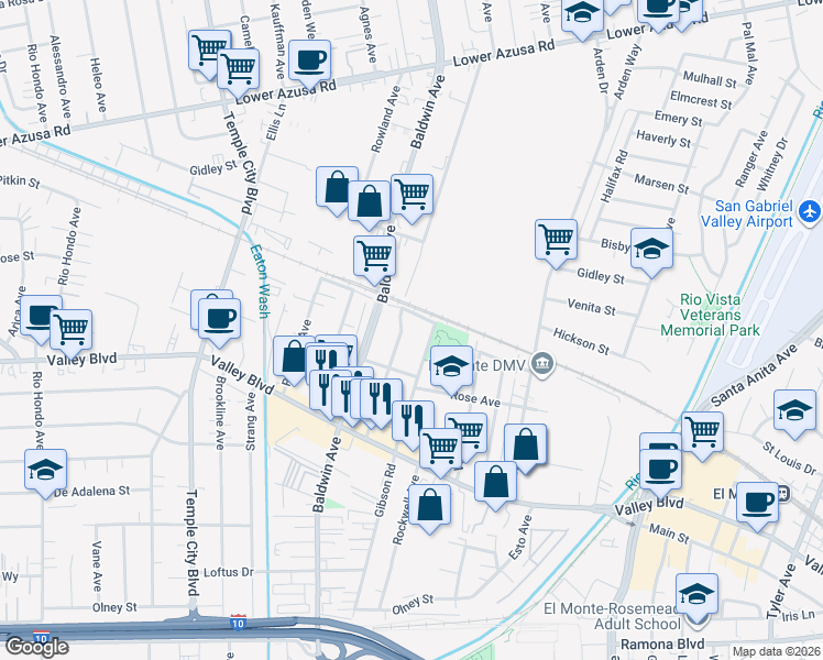map of restaurants, bars, coffee shops, grocery stores, and more near 4120 Shirley Avenue in El Monte