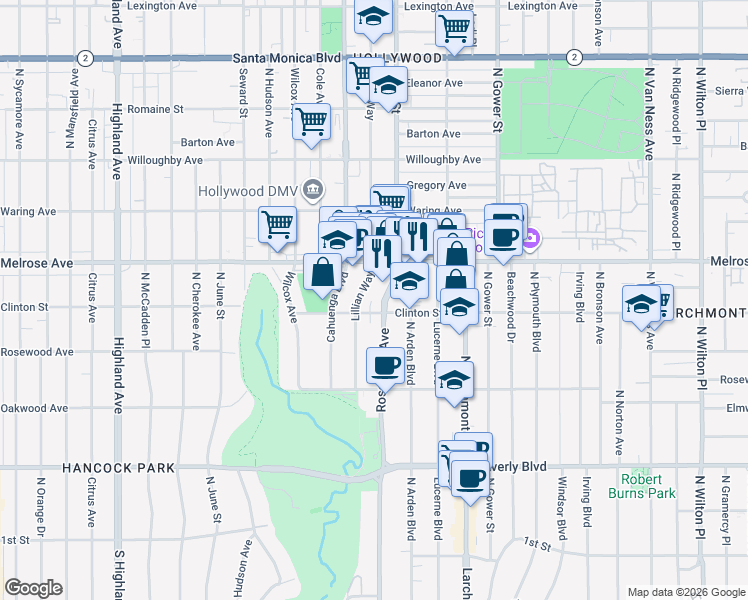 map of restaurants, bars, coffee shops, grocery stores, and more near 615 North Rossmore Avenue in Los Angeles