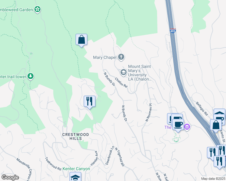 map of restaurants, bars, coffee shops, grocery stores, and more near 1235 North Bundy Drive in Los Angeles