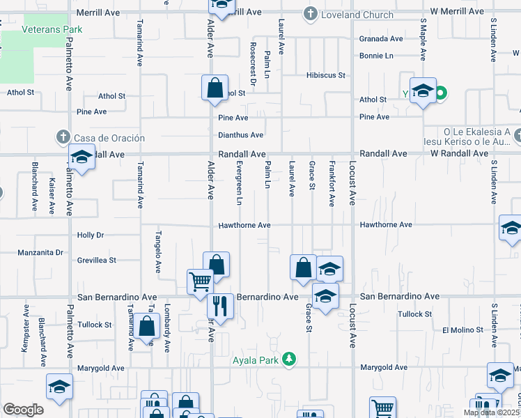 map of restaurants, bars, coffee shops, grocery stores, and more near 9454 Palm Lane in Fontana
