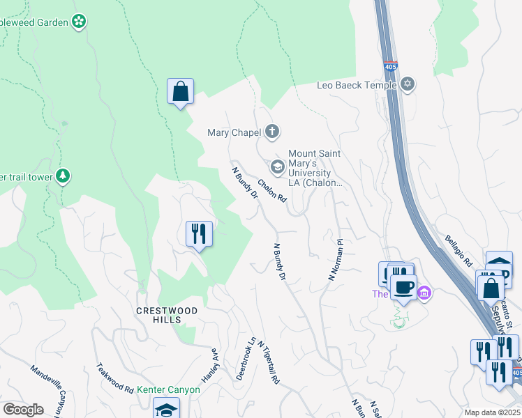map of restaurants, bars, coffee shops, grocery stores, and more near 1247 North Bundy Drive in Los Angeles