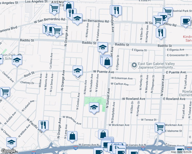 map of restaurants, bars, coffee shops, grocery stores, and more near 627 North Yaleton Avenue in West Covina