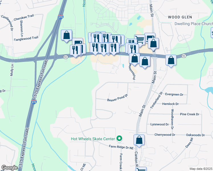 map of restaurants, bars, coffee shops, grocery stores, and more near 299 Stockwood Drive in Woodstock