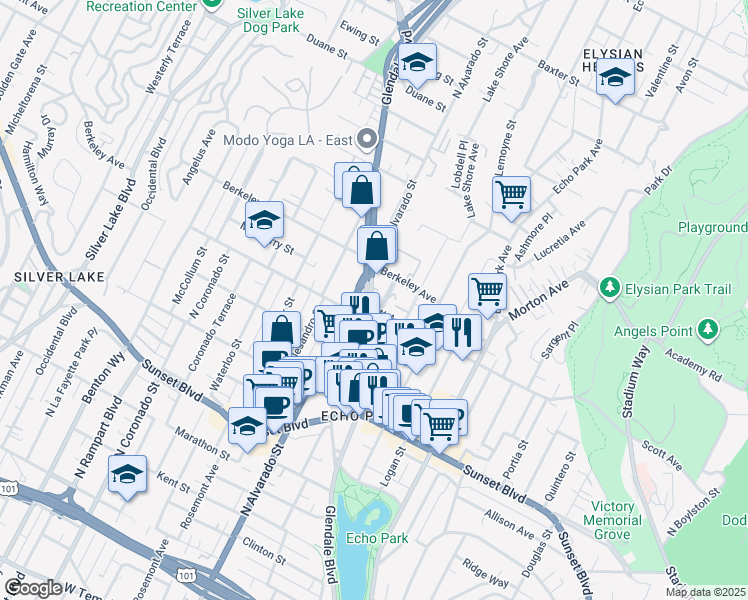 map of restaurants, bars, coffee shops, grocery stores, and more near 1466 Glendale Boulevard in Los Angeles