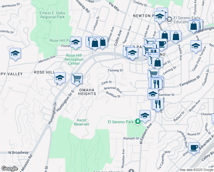 map of restaurants, bars, coffee shops, grocery stores, and more near 4525 Bowman Boulevard in Los Angeles