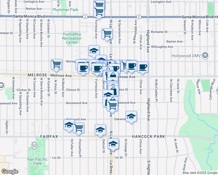 map of restaurants, bars, coffee shops, grocery stores, and more near 561 North La Brea Avenue in Los Angeles