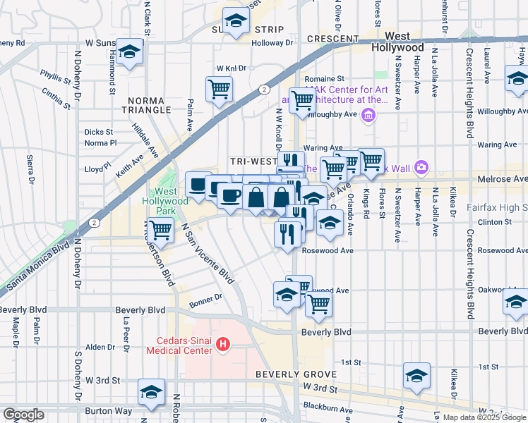 map of restaurants, bars, coffee shops, grocery stores, and more near 552 Westmount Drive in West Hollywood