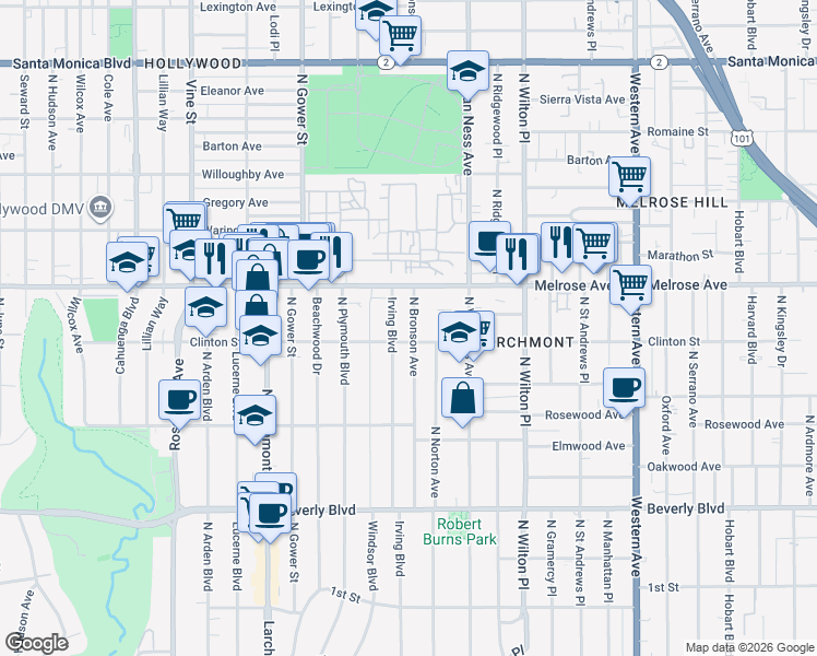 map of restaurants, bars, coffee shops, grocery stores, and more near 611 North Bronson Avenue in Los Angeles