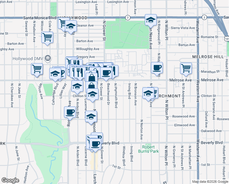 map of restaurants, bars, coffee shops, grocery stores, and more near 590 North Beachwood Drive in Los Angeles