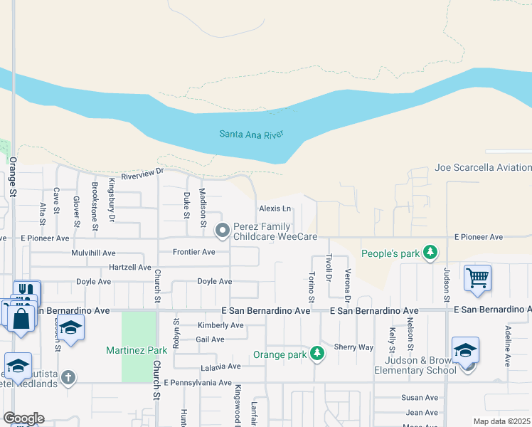 map of restaurants, bars, coffee shops, grocery stores, and more near 1112 Tangerine Drive in Redlands