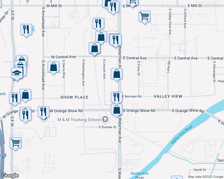 map of restaurants, bars, coffee shops, grocery stores, and more near 1070 South Waterman Avenue in San Bernardino