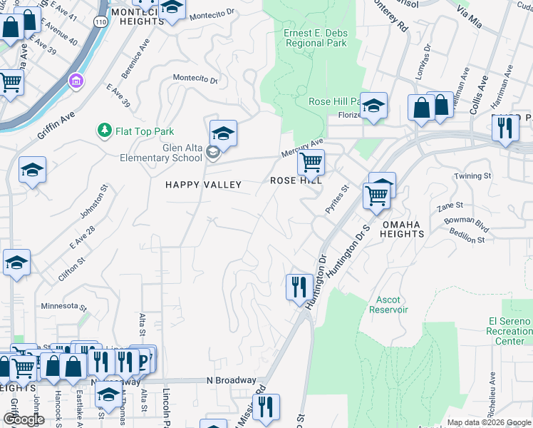map of restaurants, bars, coffee shops, grocery stores, and more near 3216 Amethyst Street in Los Angeles
