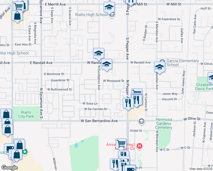 map of restaurants, bars, coffee shops, grocery stores, and more near 1834 West Admiralty Street in Colton