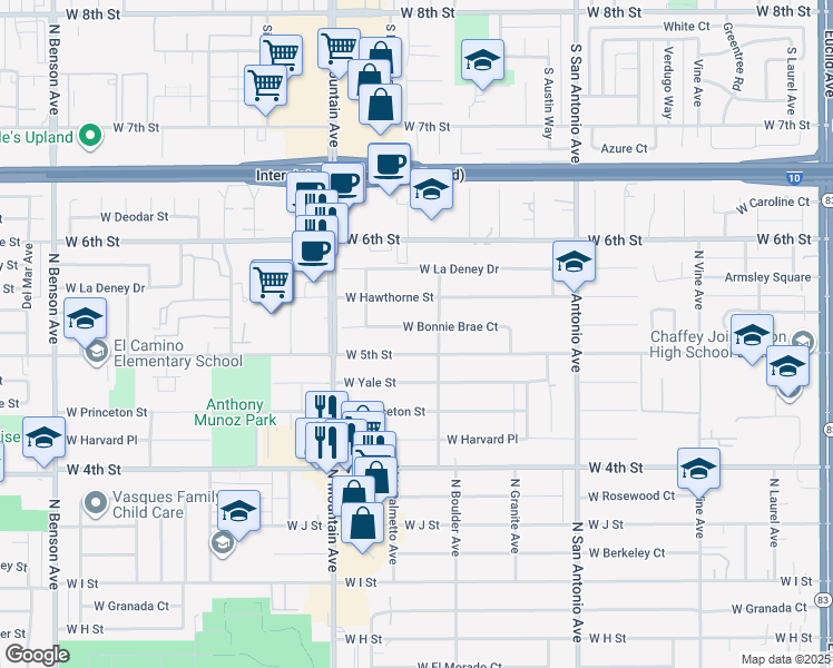 map of restaurants, bars, coffee shops, grocery stores, and more near 945 West Bonnie Brae Court in Ontario