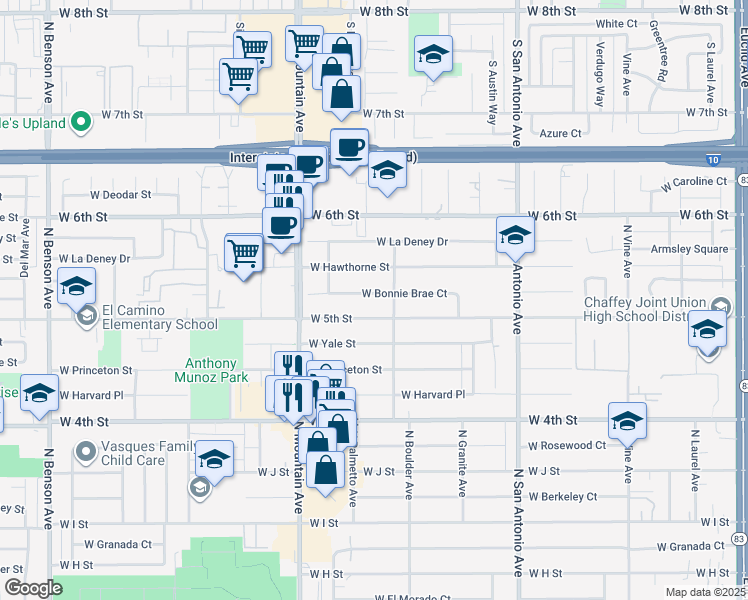 map of restaurants, bars, coffee shops, grocery stores, and more near 945 West Bonnie Brae Court in Ontario