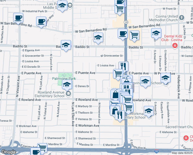 map of restaurants, bars, coffee shops, grocery stores, and more near 1543 East Eckerman Avenue in West Covina