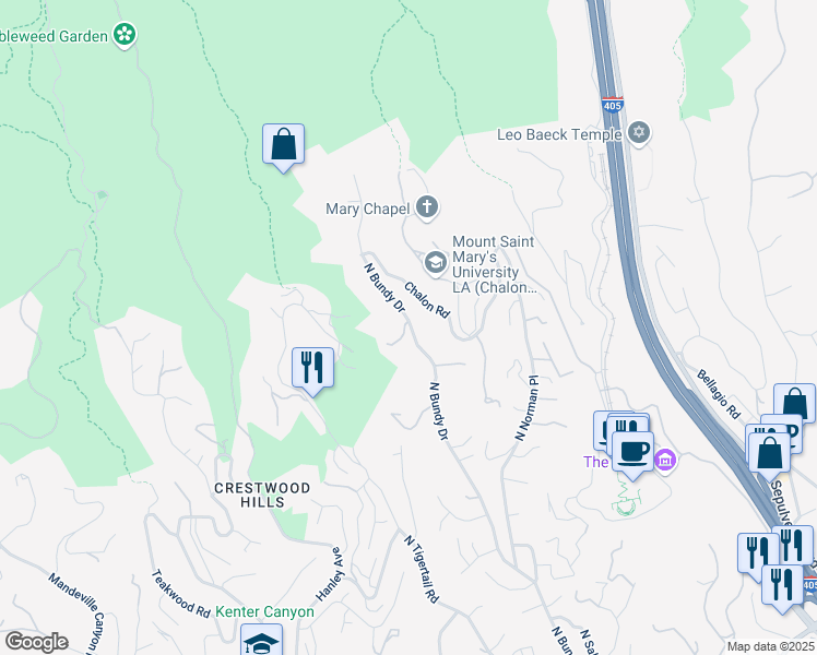 map of restaurants, bars, coffee shops, grocery stores, and more near 1247 North Bundy Drive in Los Angeles