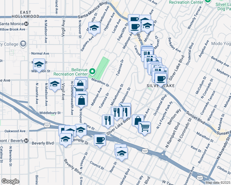 map of restaurants, bars, coffee shops, grocery stores, and more near 747 Micheltorena Street in Los Angeles