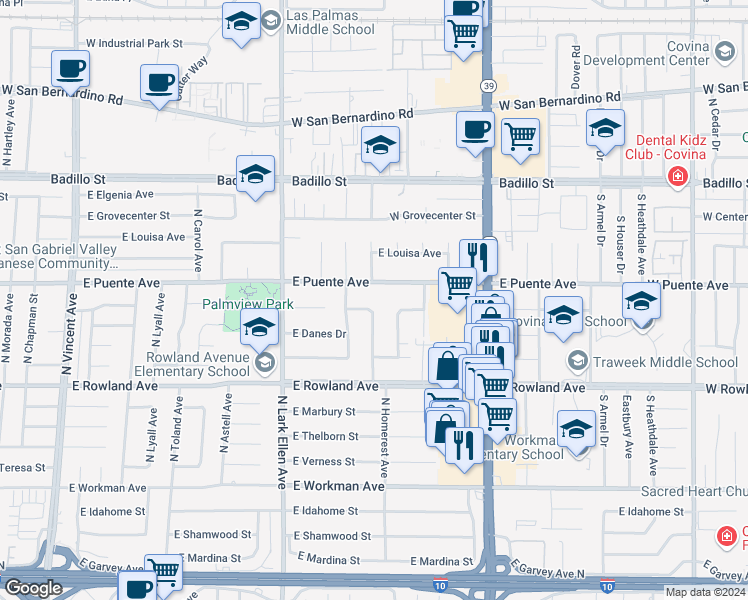 map of restaurants, bars, coffee shops, grocery stores, and more near 1543 East Eckerman Avenue in West Covina