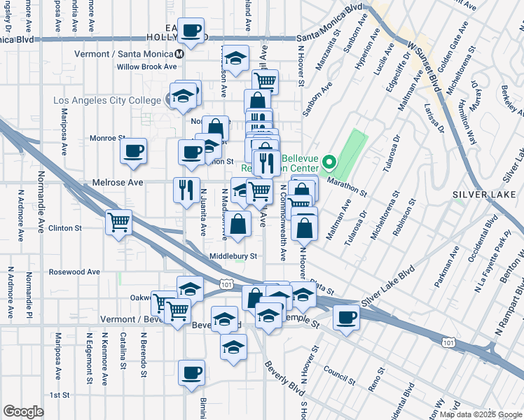 map of restaurants, bars, coffee shops, grocery stores, and more near 611 North Virgil Avenue in Los Angeles