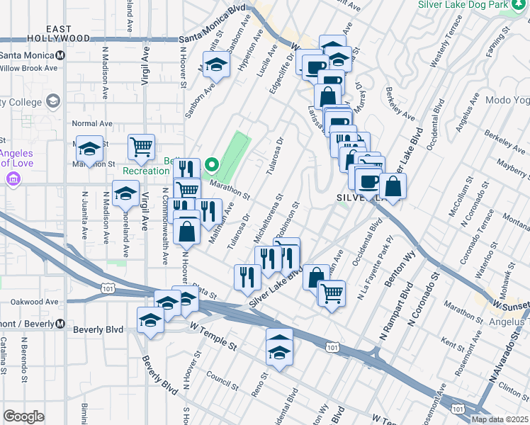 map of restaurants, bars, coffee shops, grocery stores, and more near 747 Micheltorena Street in Los Angeles