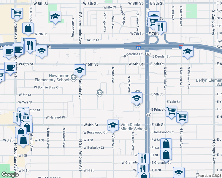 map of restaurants, bars, coffee shops, grocery stores, and more near 555 West 5th Street in Ontario
