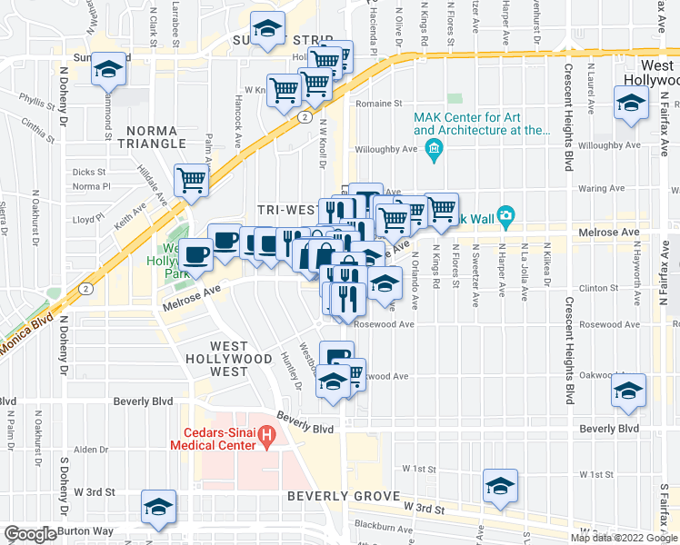 map of restaurants, bars, coffee shops, grocery stores, and more near 603 La Cienega Boulevard in West Hollywood