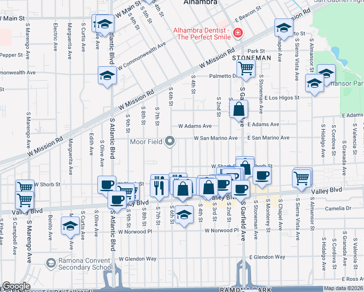 map of restaurants, bars, coffee shops, grocery stores, and more near 1108 South 5th Street in Alhambra