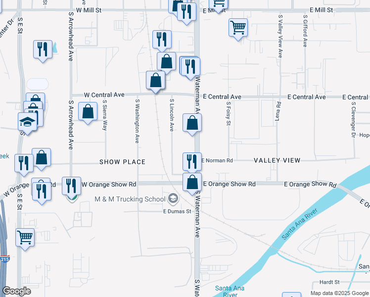 map of restaurants, bars, coffee shops, grocery stores, and more near 1069 South Lincoln Avenue in San Bernardino
