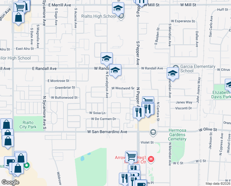 map of restaurants, bars, coffee shops, grocery stores, and more near 1834 West Admiralty Street in Colton