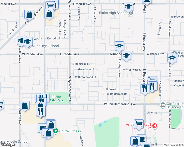 map of restaurants, bars, coffee shops, grocery stores, and more near 1907 West Buttonwood Street in Colton