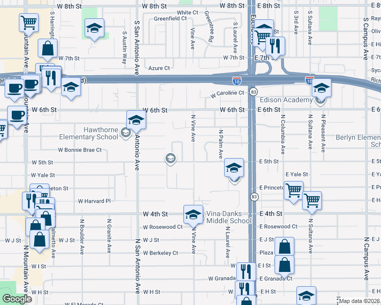 map of restaurants, bars, coffee shops, grocery stores, and more near 555 West 5th Street in Ontario