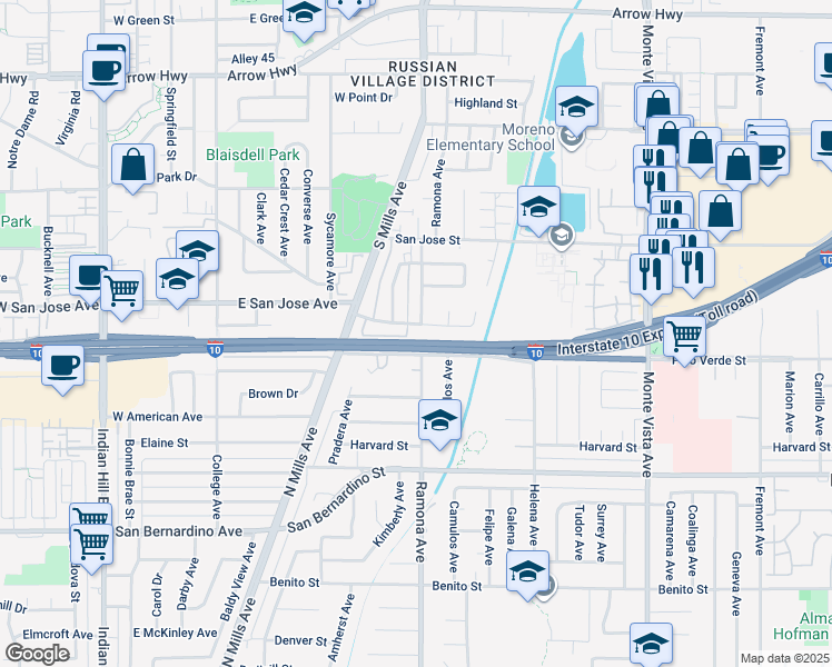 map of restaurants, bars, coffee shops, grocery stores, and more near 4519 Palo Verde Street in Montclair