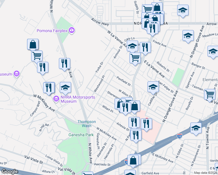 map of restaurants, bars, coffee shops, grocery stores, and more near 263 Sherwood Place in Pomona