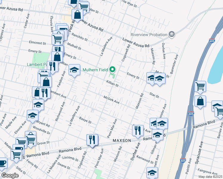 map of restaurants, bars, coffee shops, grocery stores, and more near 4410 Cogswell Road in El Monte