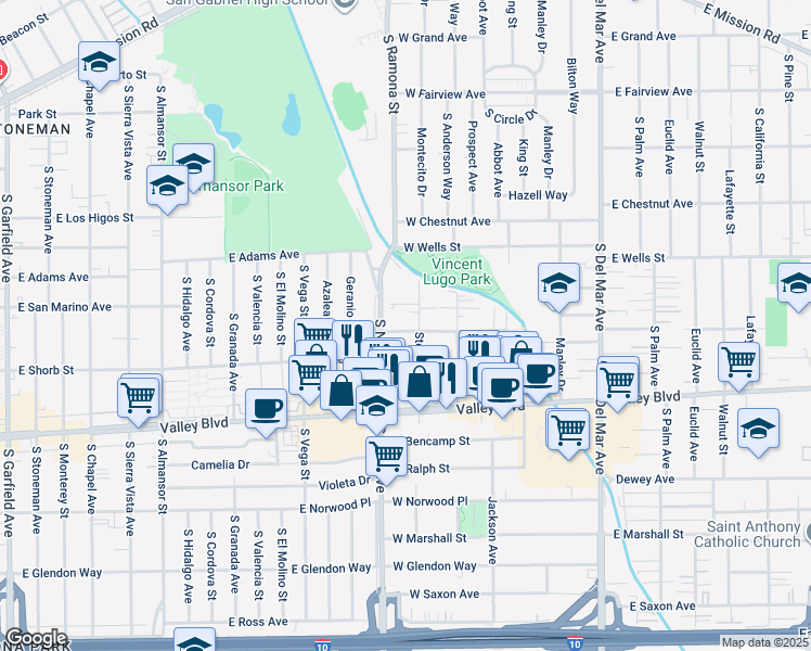 map of restaurants, bars, coffee shops, grocery stores, and more near 1509 Stevens Avenue in San Gabriel