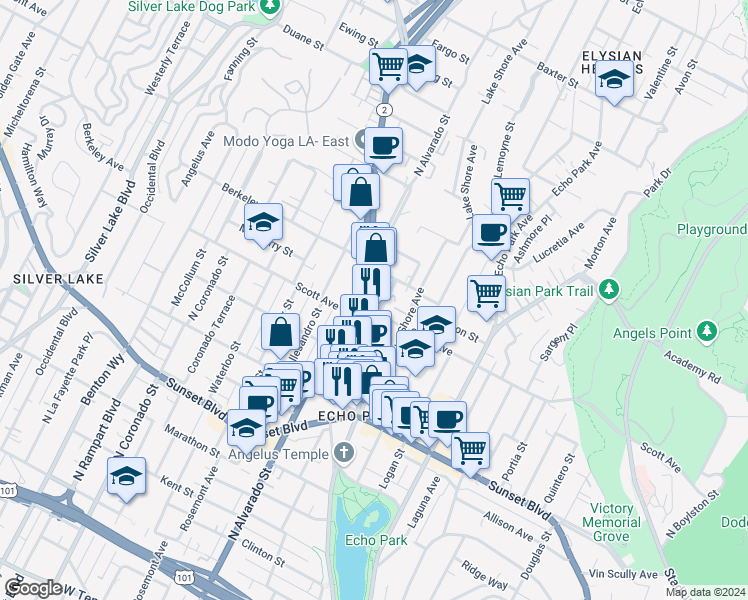 map of restaurants, bars, coffee shops, grocery stores, and more near 1466 Glendale Boulevard in Los Angeles