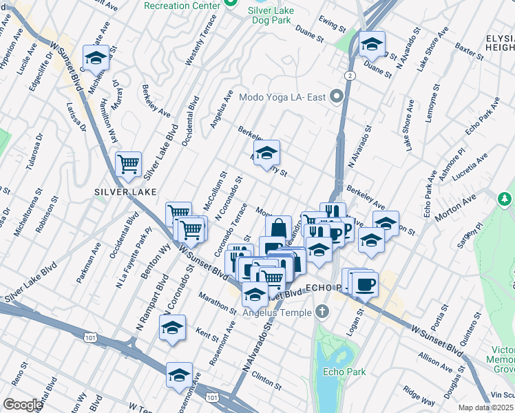map of restaurants, bars, coffee shops, grocery stores, and more near 2210 Montana Street in Los Angeles