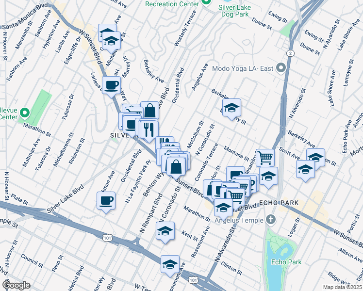 map of restaurants, bars, coffee shops, grocery stores, and more near 2528 Reservoir Street in Los Angeles