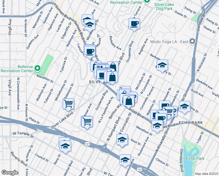 map of restaurants, bars, coffee shops, grocery stores, and more near 2798 Sunset Boulevard in Los Angeles
