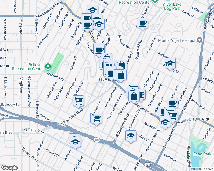 map of restaurants, bars, coffee shops, grocery stores, and more near in Los Angeles