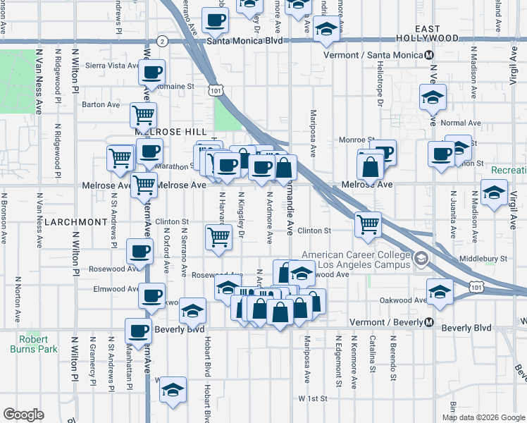 map of restaurants, bars, coffee shops, grocery stores, and more near 555 North Ardmore Avenue in Los Angeles