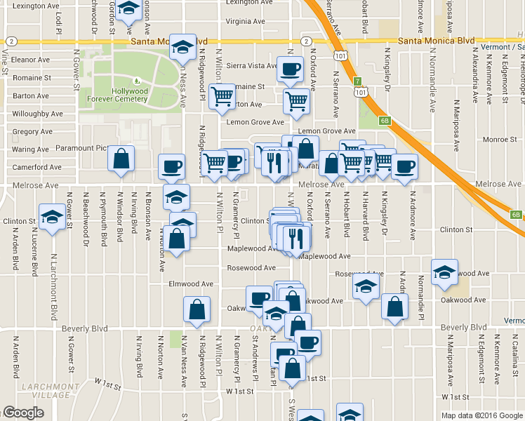 map of restaurants, bars, coffee shops, grocery stores, and more near 540 Saint Andrews Place in Los Angeles