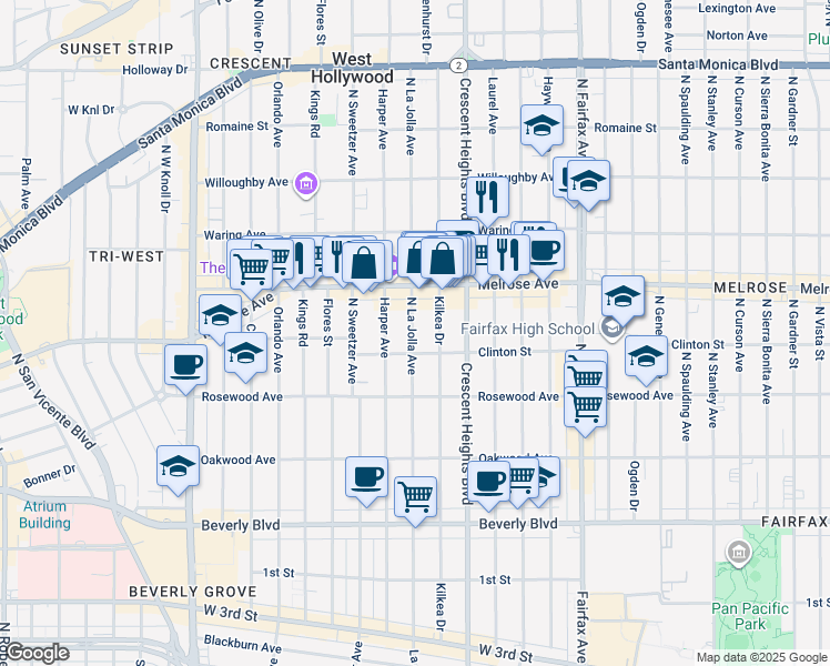 map of restaurants, bars, coffee shops, grocery stores, and more near 545 North La Jolla Avenue in Los Angeles